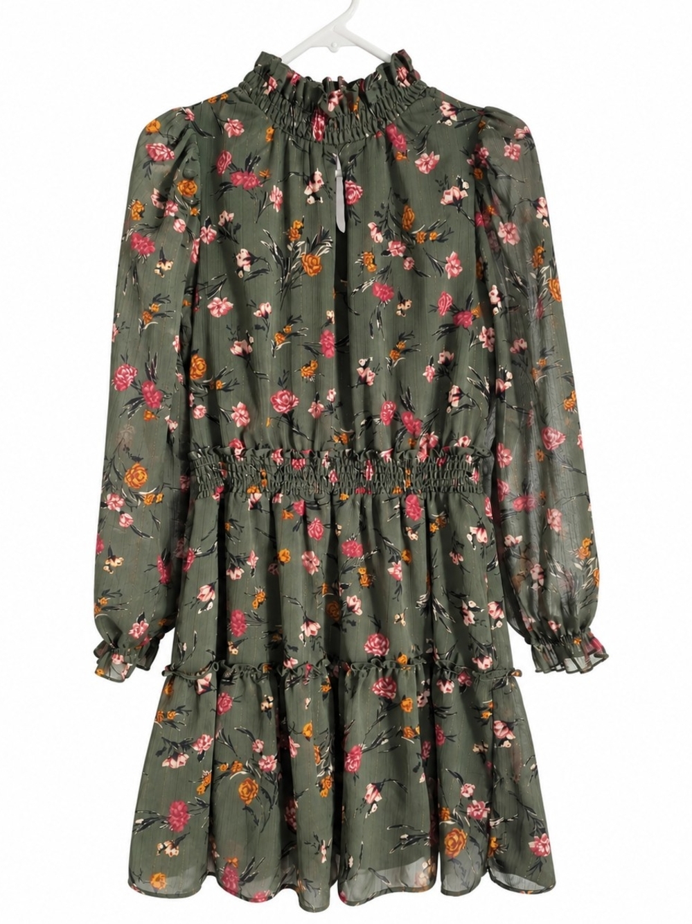 DREW Olive Green Floral Smocked Tiered Long-Sleeve Dress